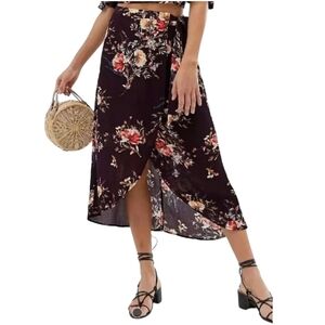 Band Of‎ Gypsies Sz M Floral Midi Wrap Skirt Boho Fairy Eggplant